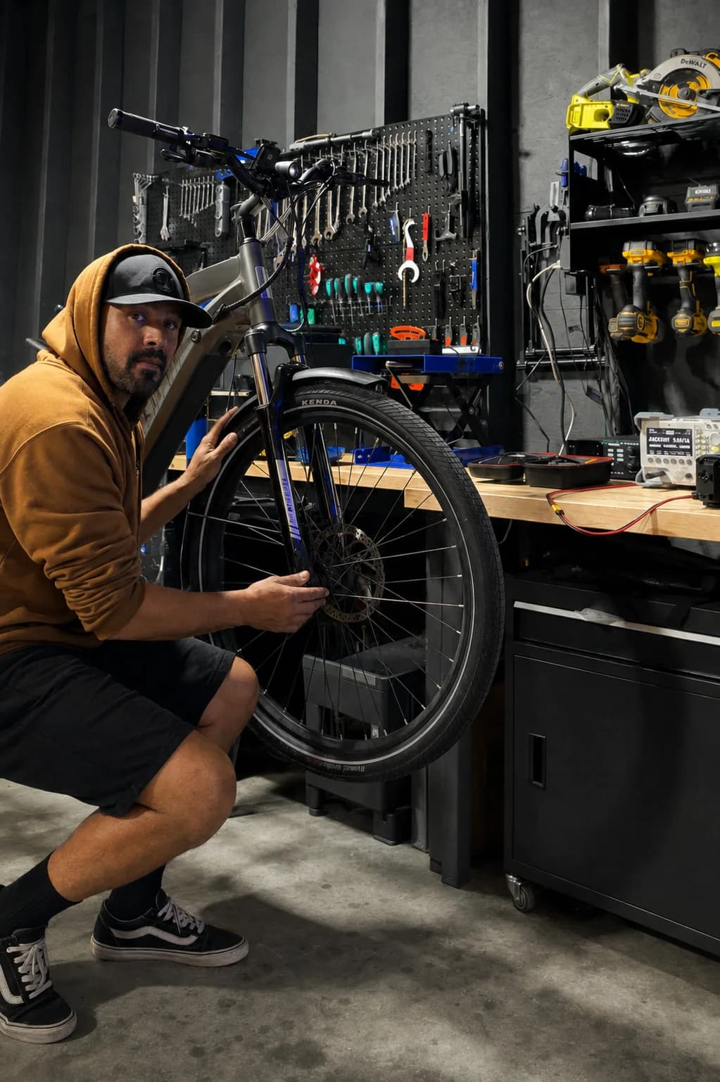 The owner and certified technician at Sprocket Science inspecting an e-bike in the Chilliwack workshop